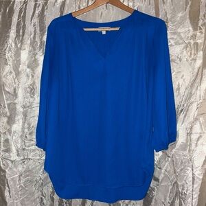 Pleione Royal Blue V-Neck Tunic Blouse | Size Large | 3/4 Sleeve Workwear